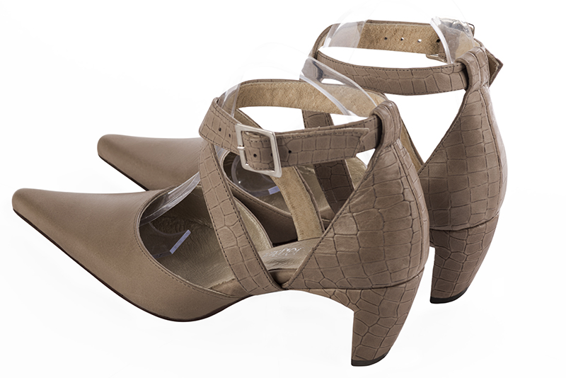Bronze beige women's open side shoes, with crossed straps. Pointed toe. Medium comma heels. Rear view - Florence KOOIJMAN